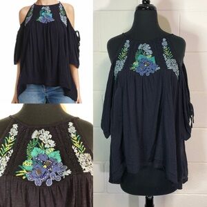 Free People Blue Fast Times Cold Shoulder Top With Embroidery